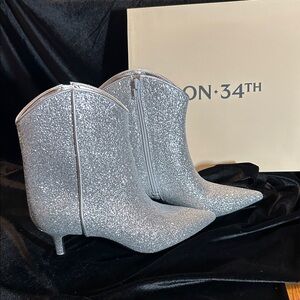 ON 34th SILVER GLITTER ANKLE COWBOY BOOT